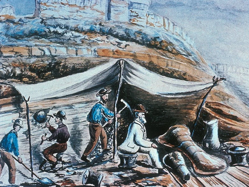 1844-Arthur Lakes - Illustrazione di Apatosaurus ajax e Atlantosaurus montanus a Morrison, Colorado